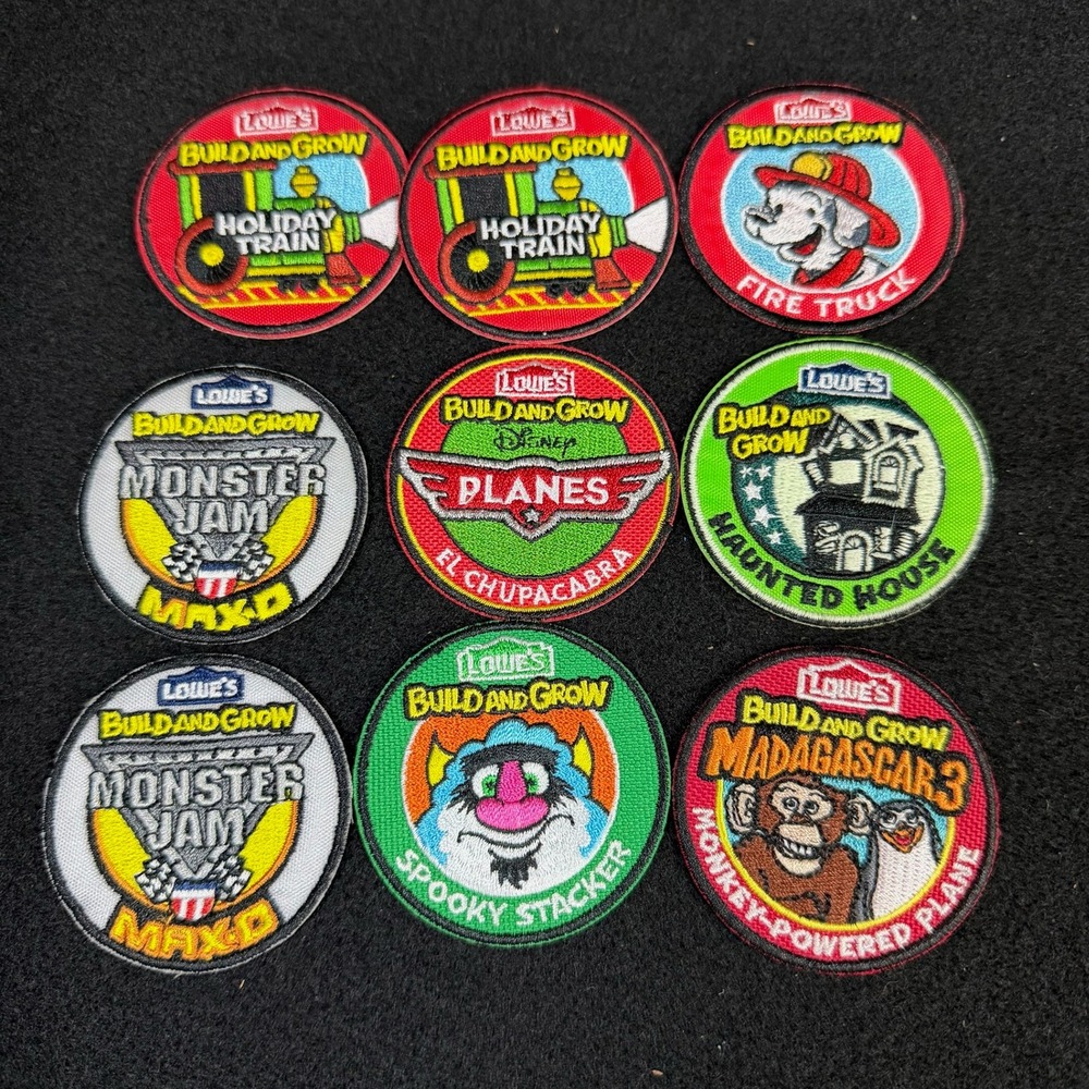 Lowes Build and Grow Iron On Patches Lot of 9 Monster Jam Disney Planes Holiday